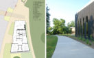 Duel Image of Site Plan and Exterior Corner of the PNC Achievement Center for Interpretation and Education